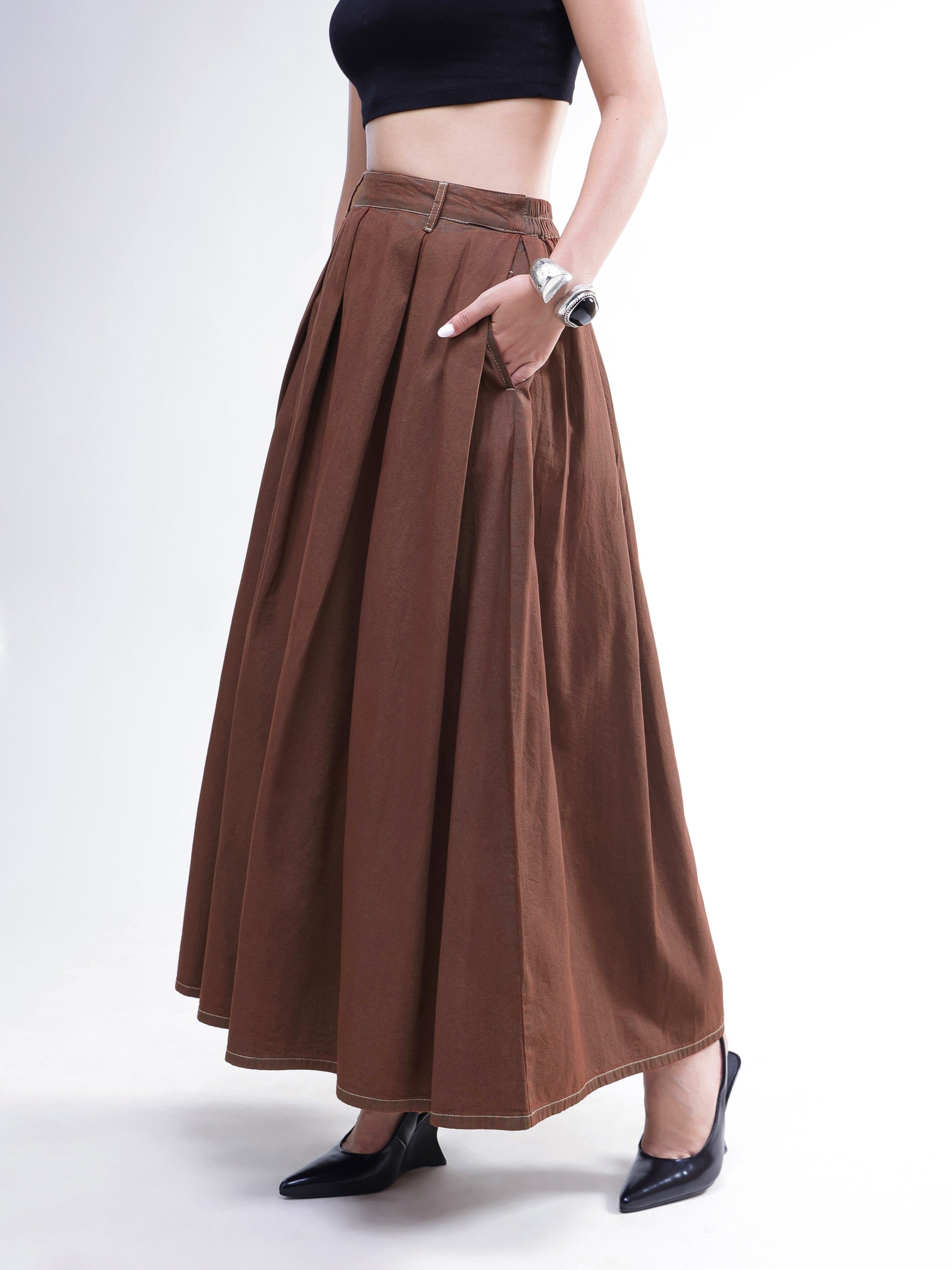 DesiQlo Brown Wash Denim Box Pleated Maxi Skirt - Brown