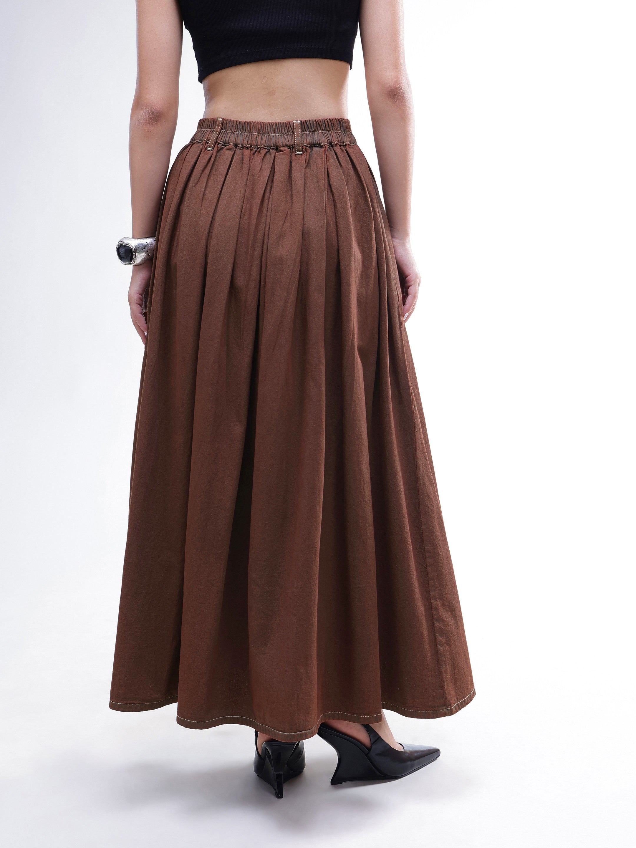 DesiQlo Brown Wash Denim Box Pleated Maxi Skirt - Brown
