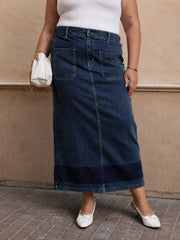 Women Navy Denim Wash Front Patch Pocket Maxi Skirt