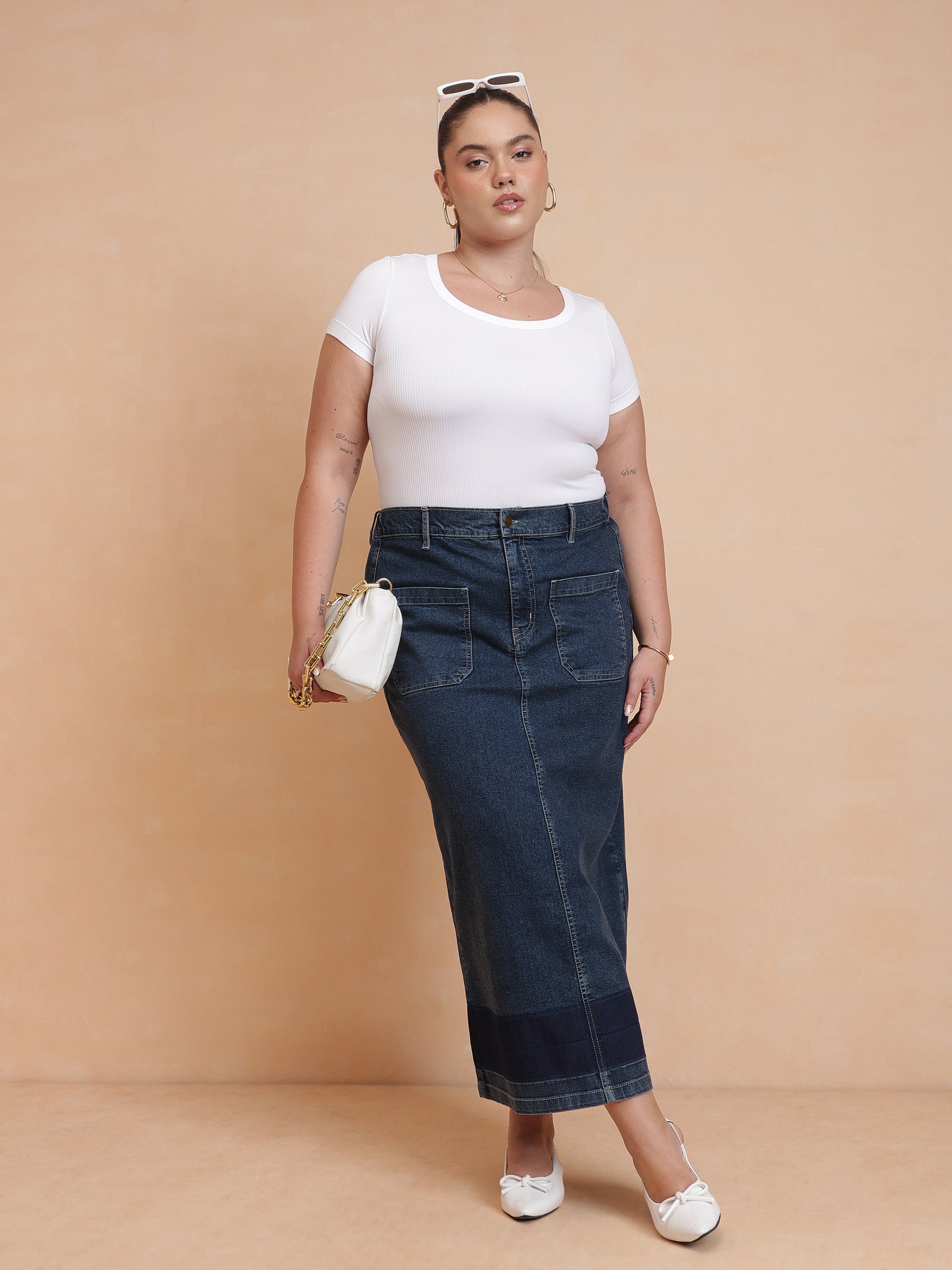 DesiQlo Navy Denim Wash Front Patch Pocket Maxi Skirt - Navy Blue