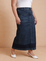 Women Navy Denim Wash Front Patch Pocket Maxi Skirt
