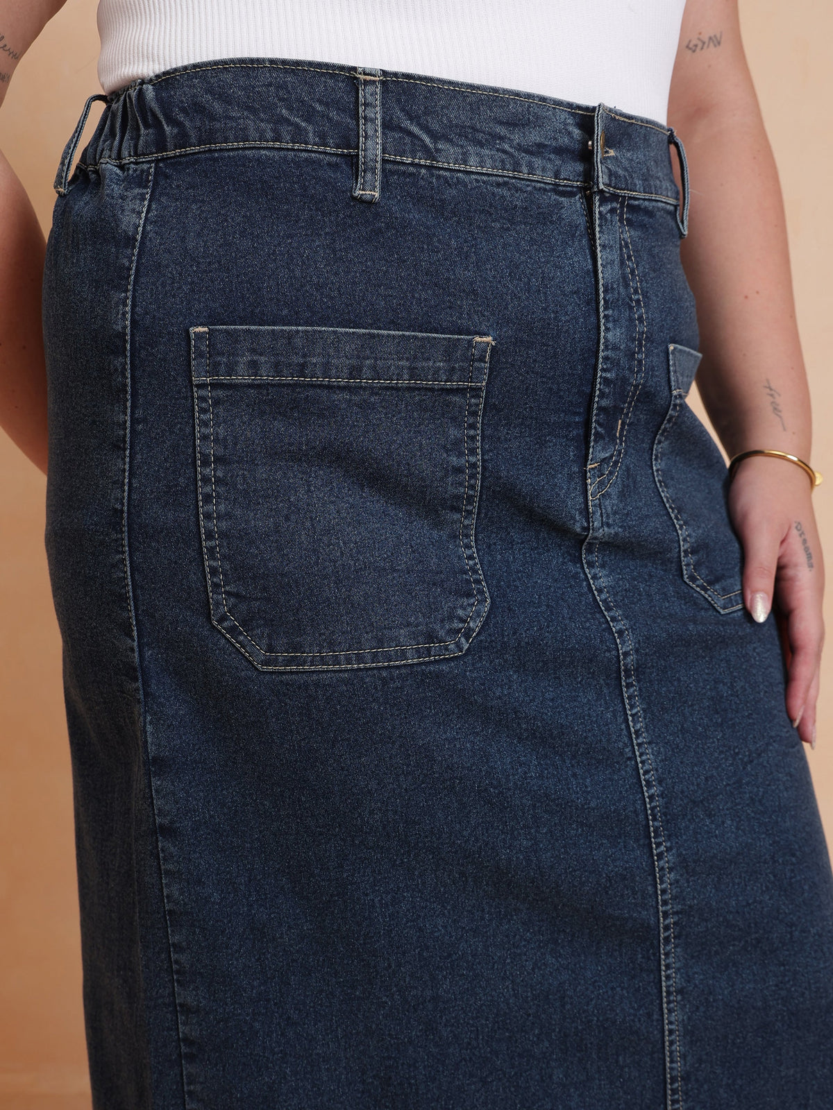 Women Navy Denim Wash Front Patch Pocket Maxi Skirt