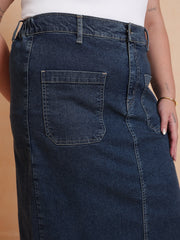 Women Navy Denim Wash Front Patch Pocket Maxi Skirt