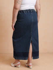Women Navy Denim Wash Front Patch Pocket Maxi Skirt