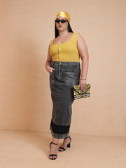 Women Black Denim Wash Front Patch Pocket Maxi Skirt