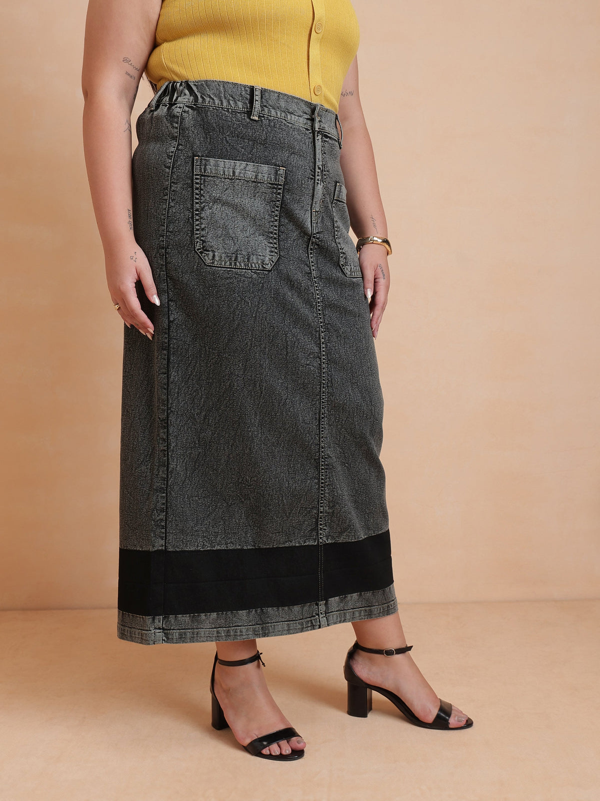 Women Black Denim Wash Front Patch Pocket Maxi Skirt