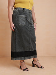Women Black Denim Wash Front Patch Pocket Maxi Skirt