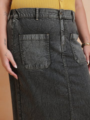 Women Black Denim Wash Front Patch Pocket Maxi Skirt