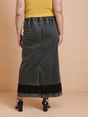 Women Black Denim Wash Front Patch Pocket Maxi Skirt