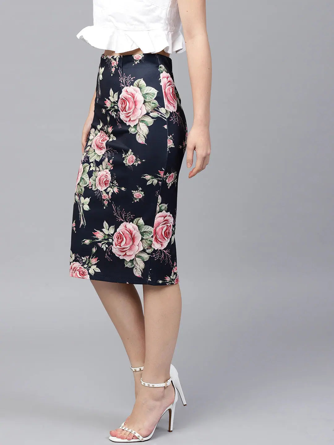 Blue Floral Pencil Skirt - Slim Fit Scuba Fabric Skirt