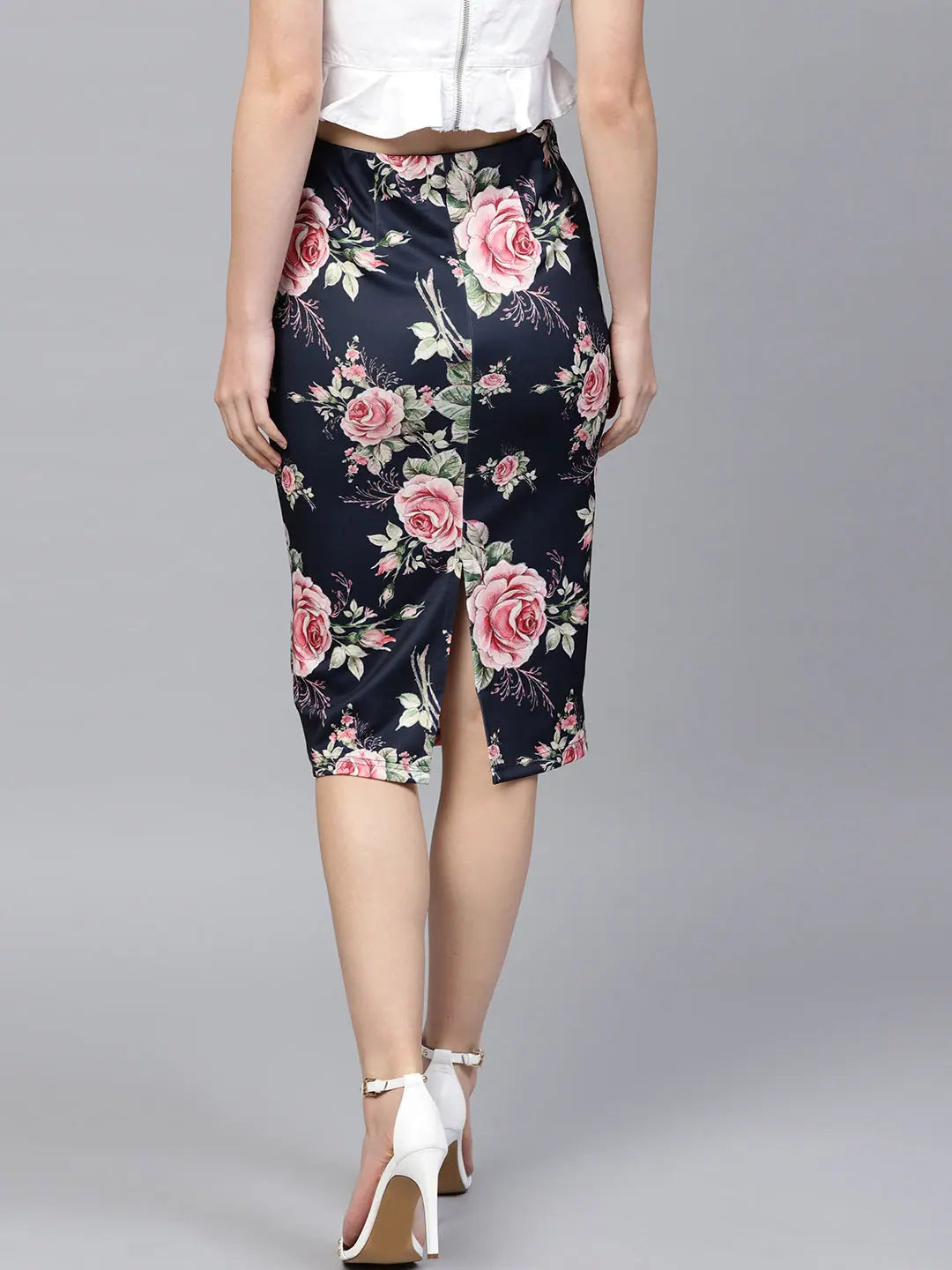 Blue Floral Pencil Skirt - Slim Fit Scuba Fabric Skirt