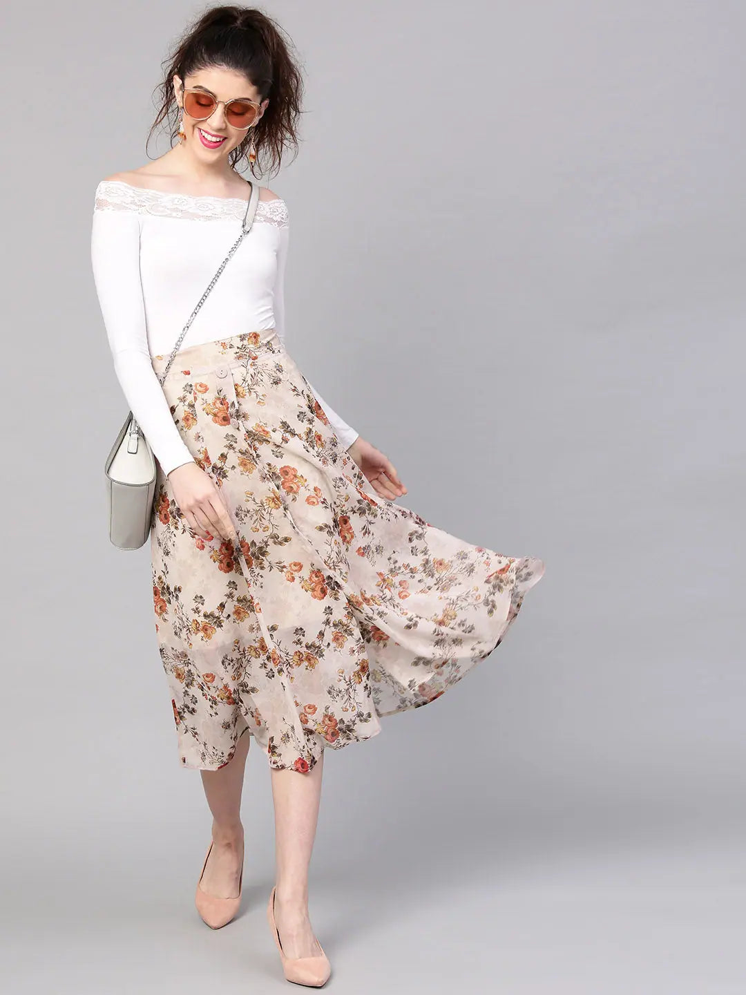 Taupe Floral A-Line Skirt - Women's Festive Lehenga Style!