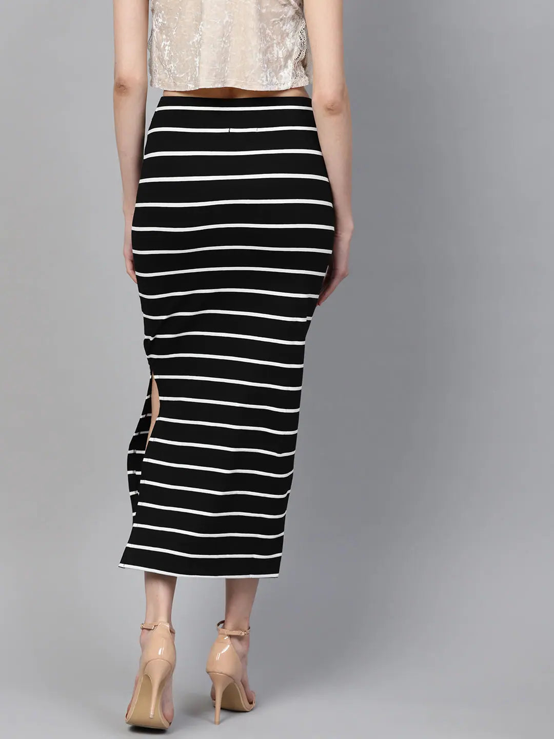 Black White Stripe Maxi Pencil Skirt - Cotton Spandex Fabric
