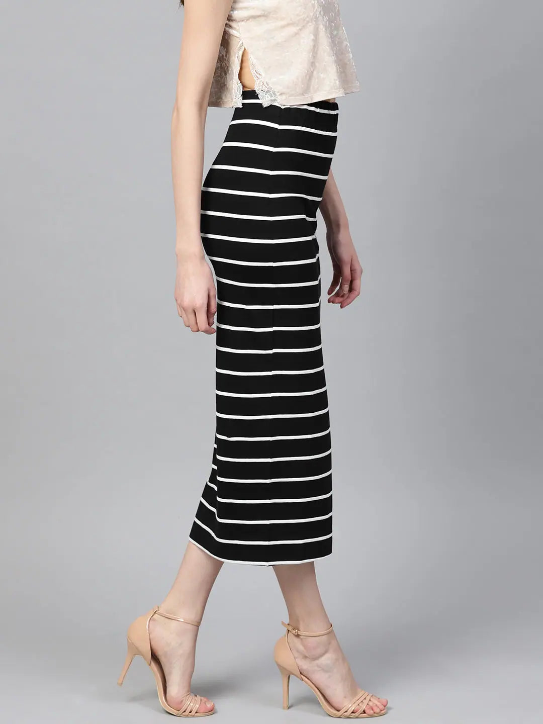 Black White Stripe Maxi Pencil Skirt - Cotton Spandex Fabric