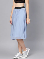 Blue Pleated Flared Midi Skirt