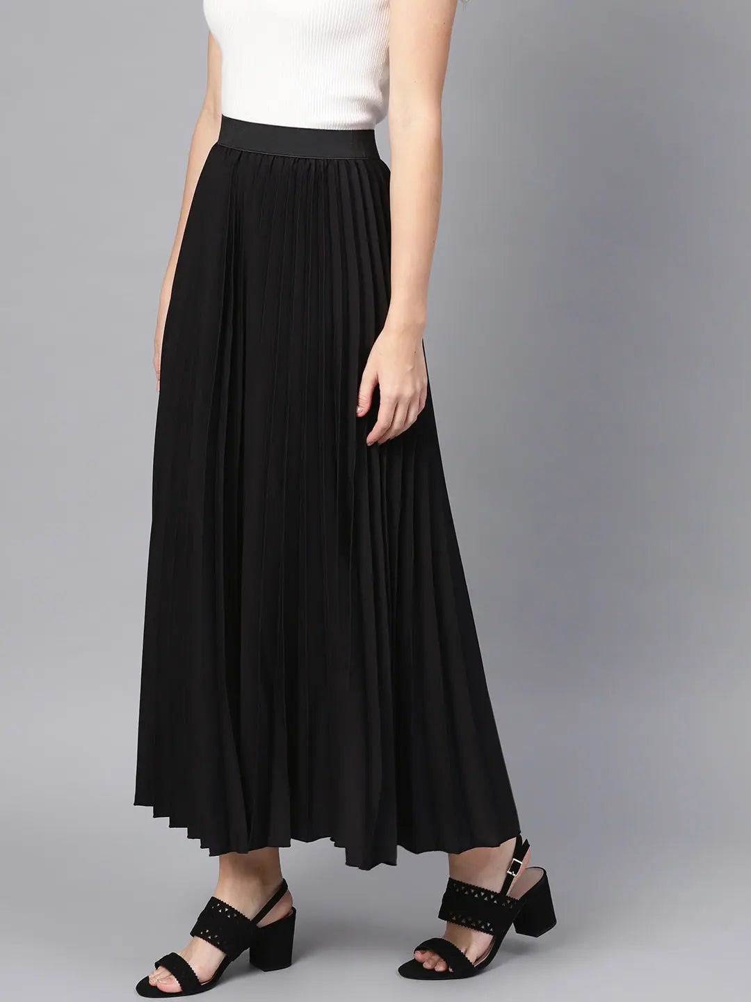 Black Pleated Maxi Skirt - Full Length & Flared Hemline Design