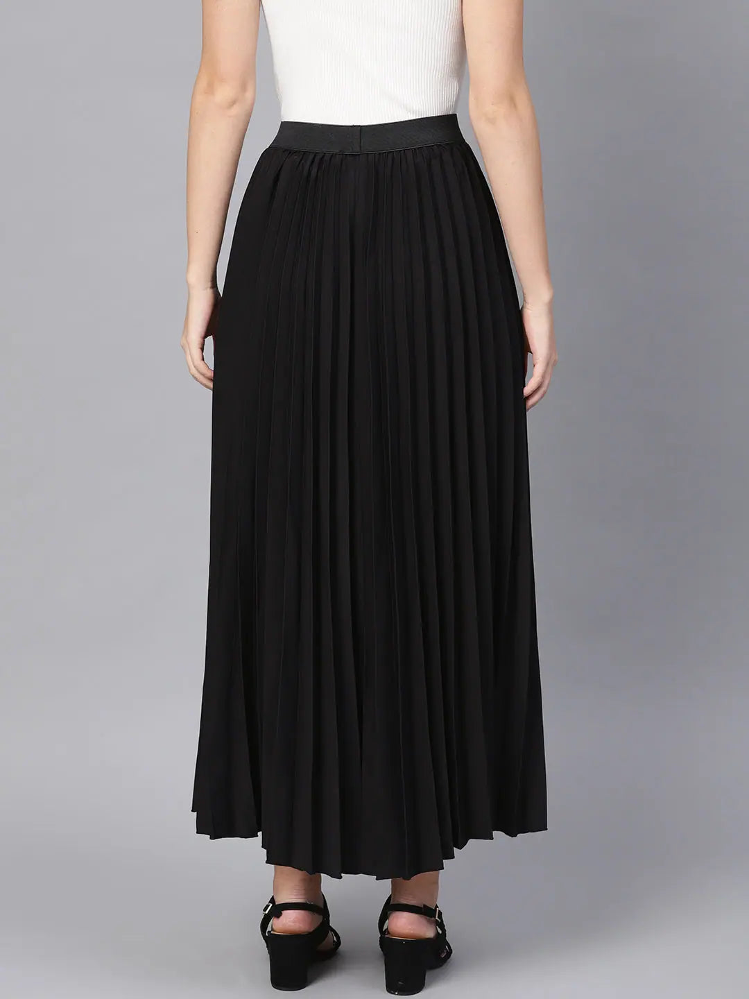 Black Pleated Maxi Skirt - Full Length & Flared Hemline Design