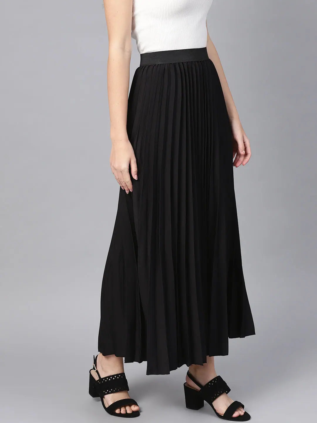 Black Pleated Maxi Skirt - Full Length & Flared Hemline Design