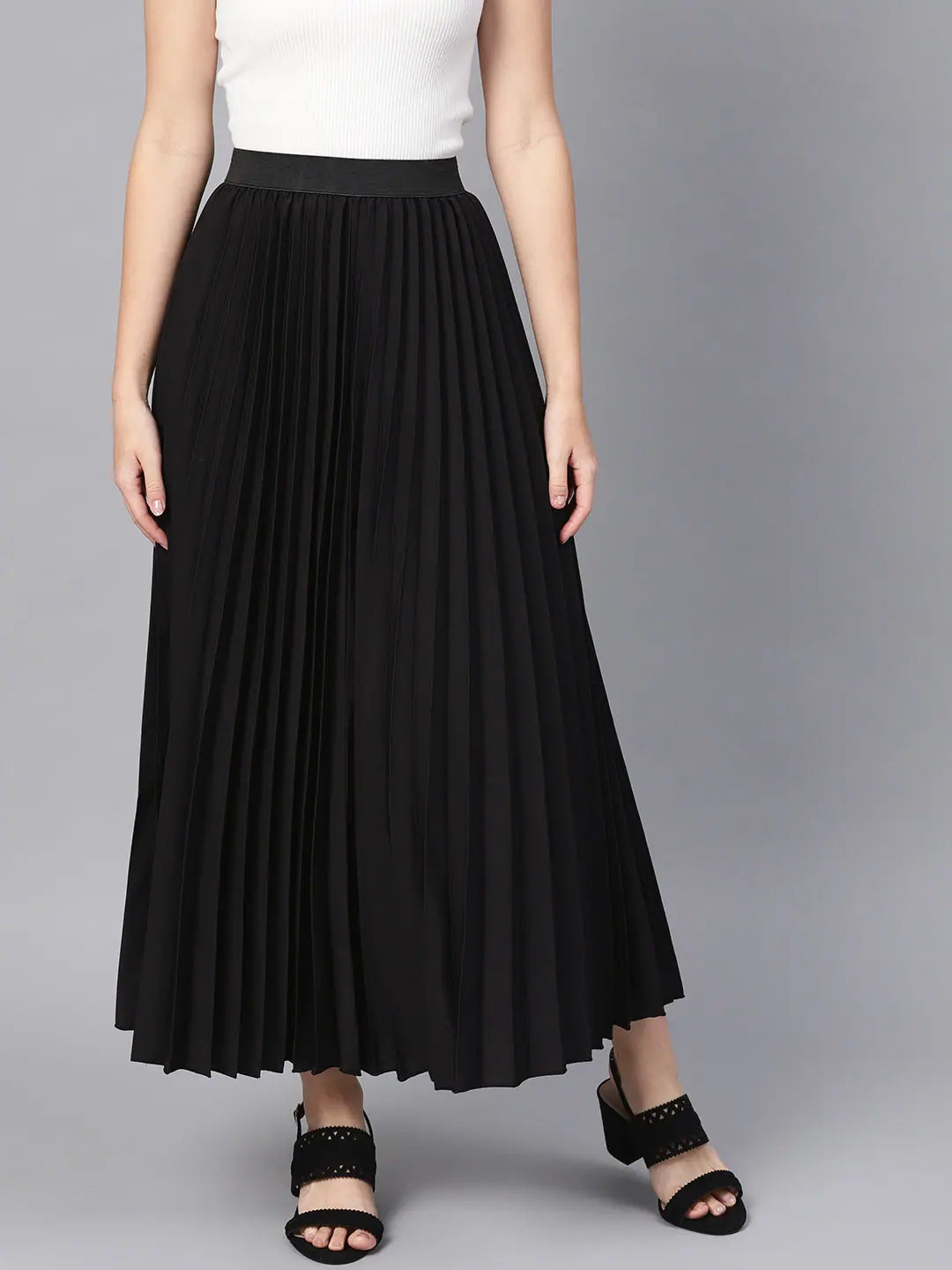 Black Pleated Maxi Skirt - Full Length & Flared Hemline Design