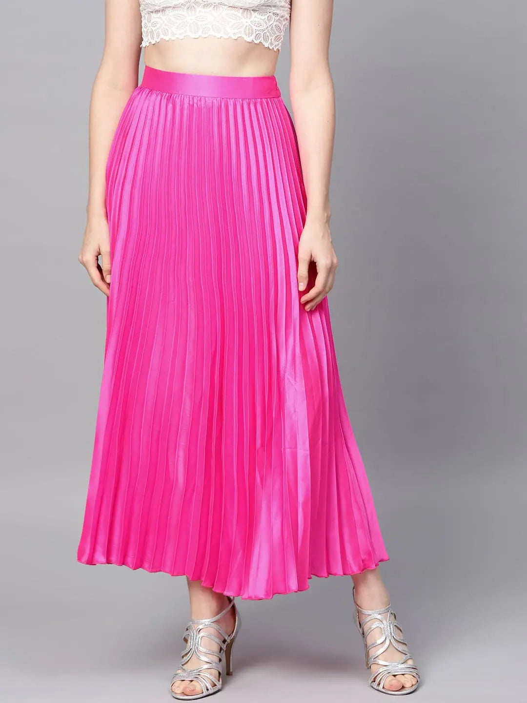 Pink Satin Maxi Skirt | Pleated Women's Lehenga Style