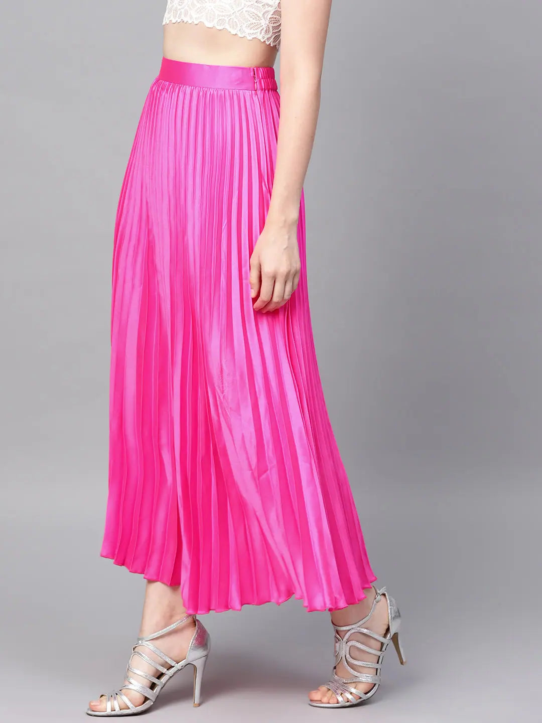 Pink Satin Maxi Skirt | Pleated Women's Lehenga Style