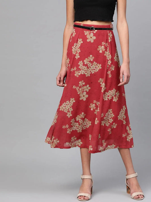 Red Floral Flared Skirt 1080