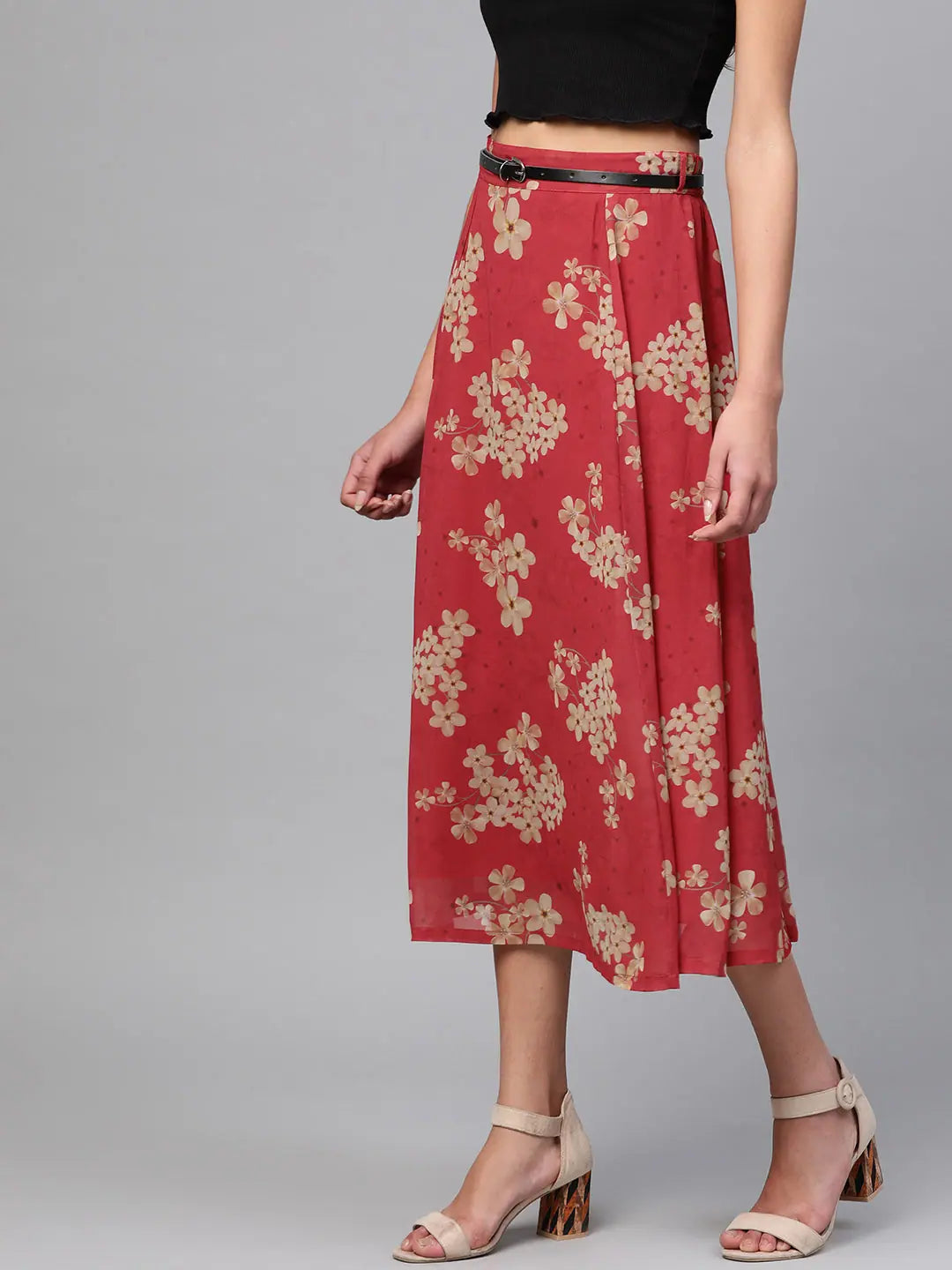 Red Floral Flared Skirt | Ethnic Lehenga Inspired Skirt