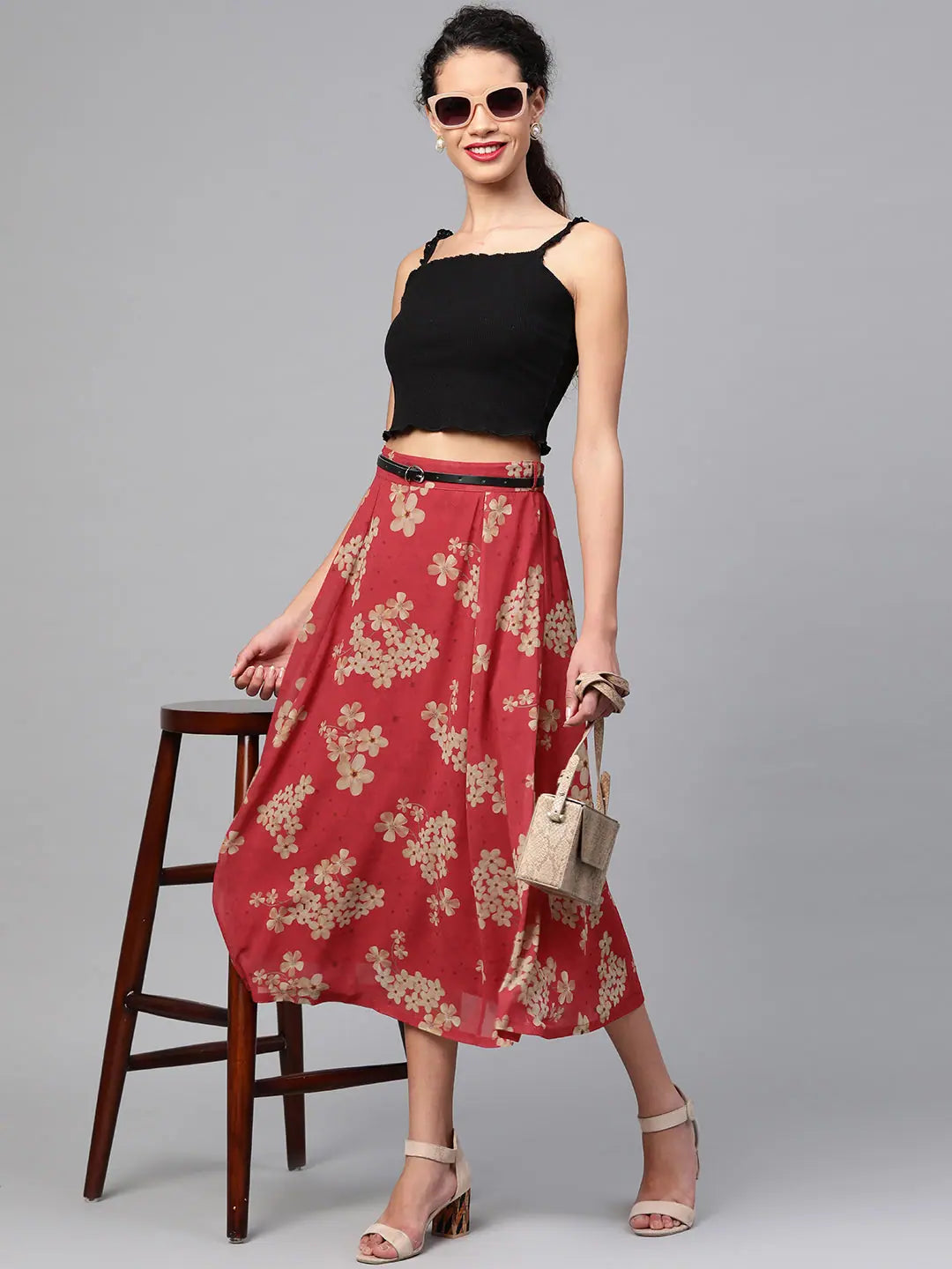 Red Floral Flared Skirt | Ethnic Lehenga Inspired Skirt