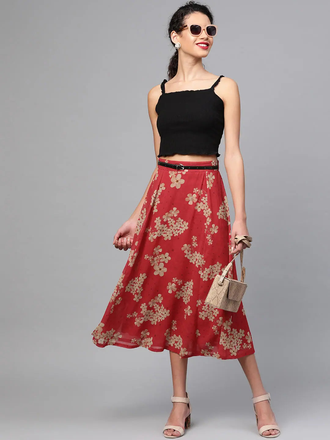 Red Floral Flared Skirt | Ethnic Lehenga Inspired Skirt
