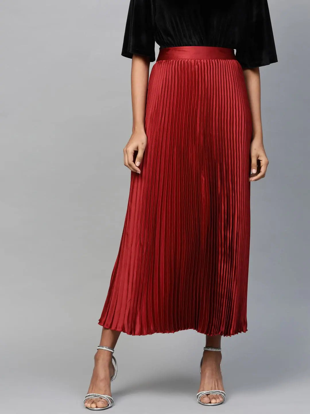 Red Pleated Maxi Skirt | Traditional Indian Lehenga Style
