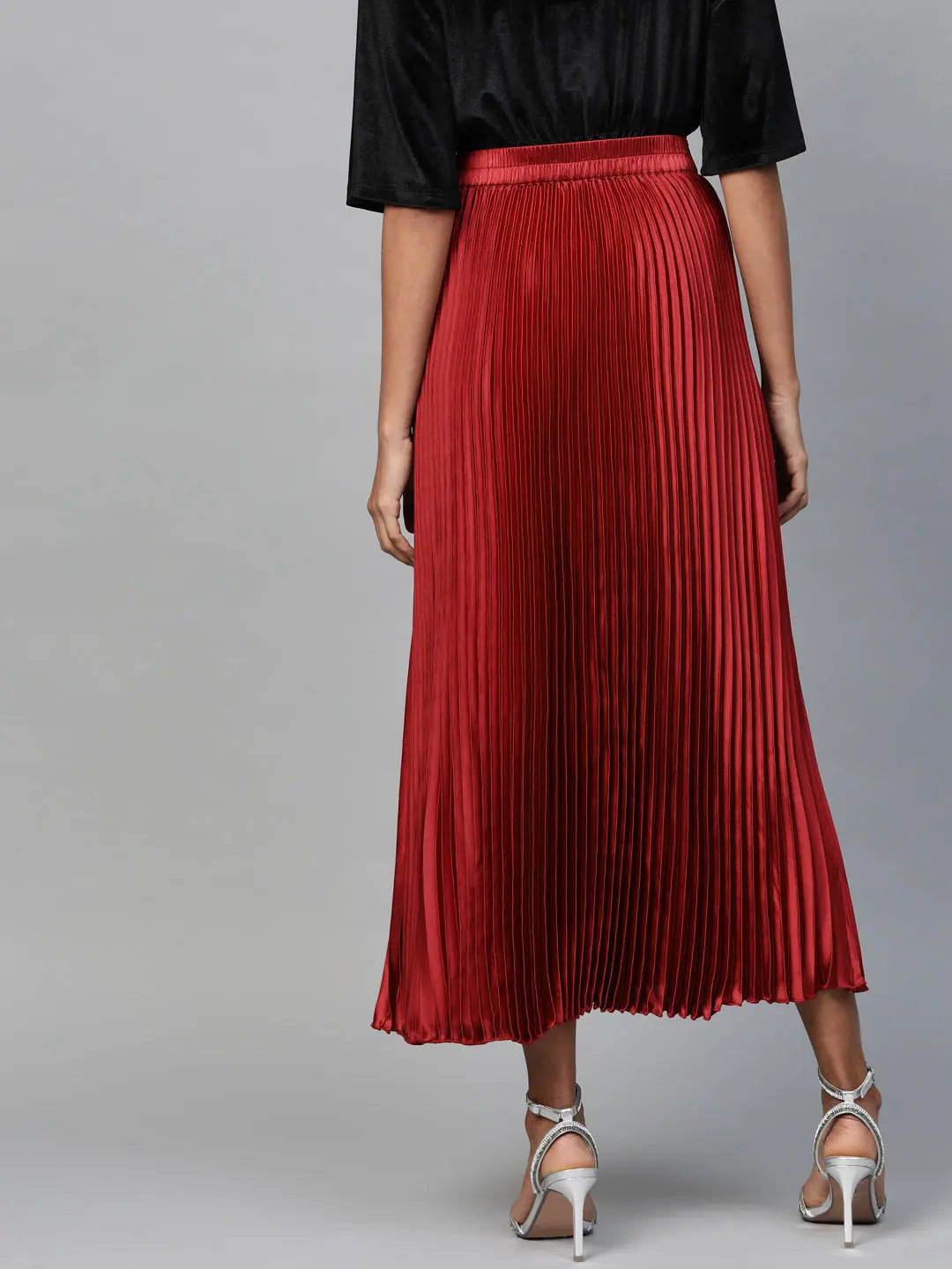 Red Pleated Maxi Skirt | Traditional Indian Lehenga Style