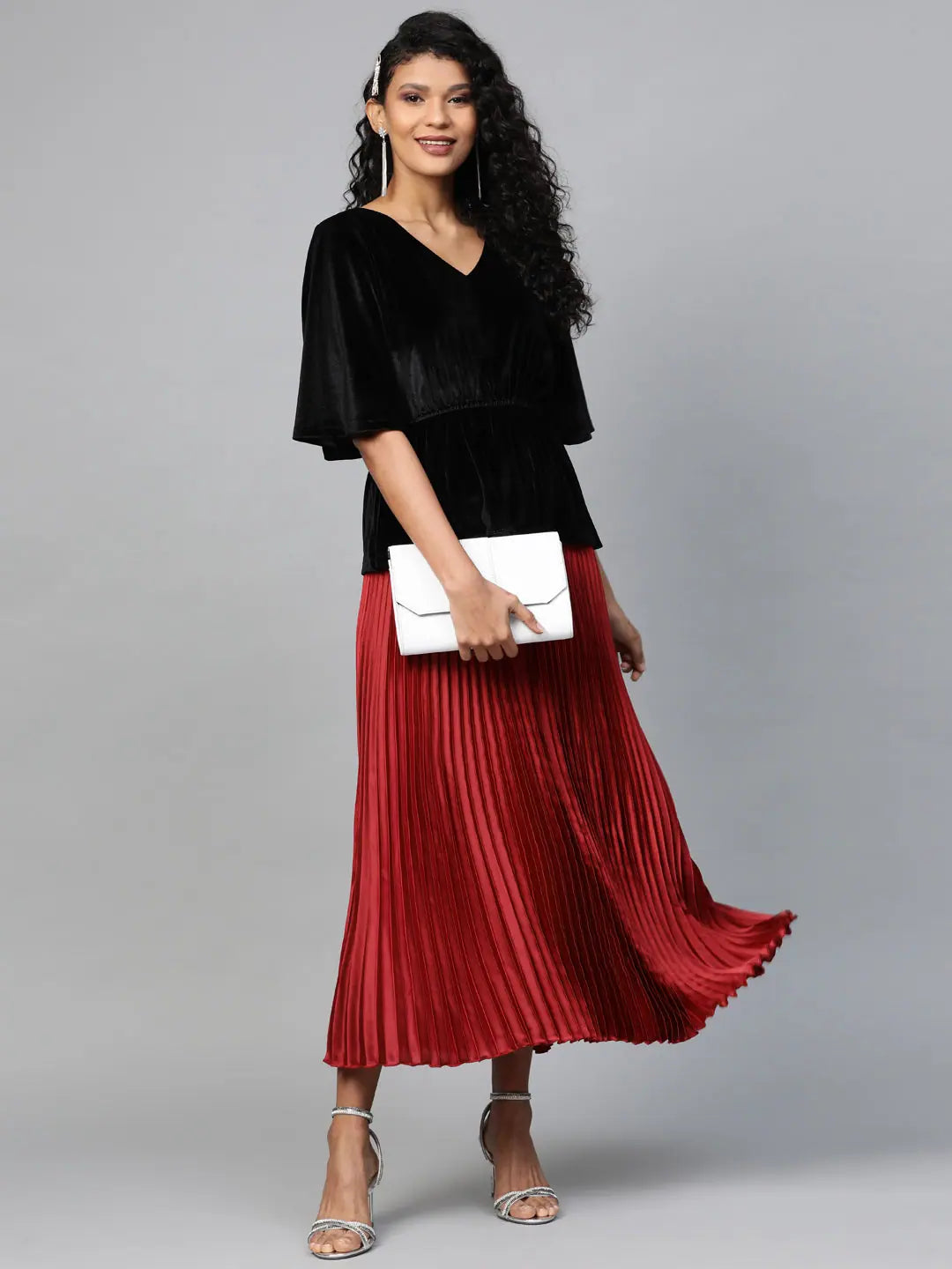Red Pleated Maxi Skirt | Traditional Indian Lehenga Style