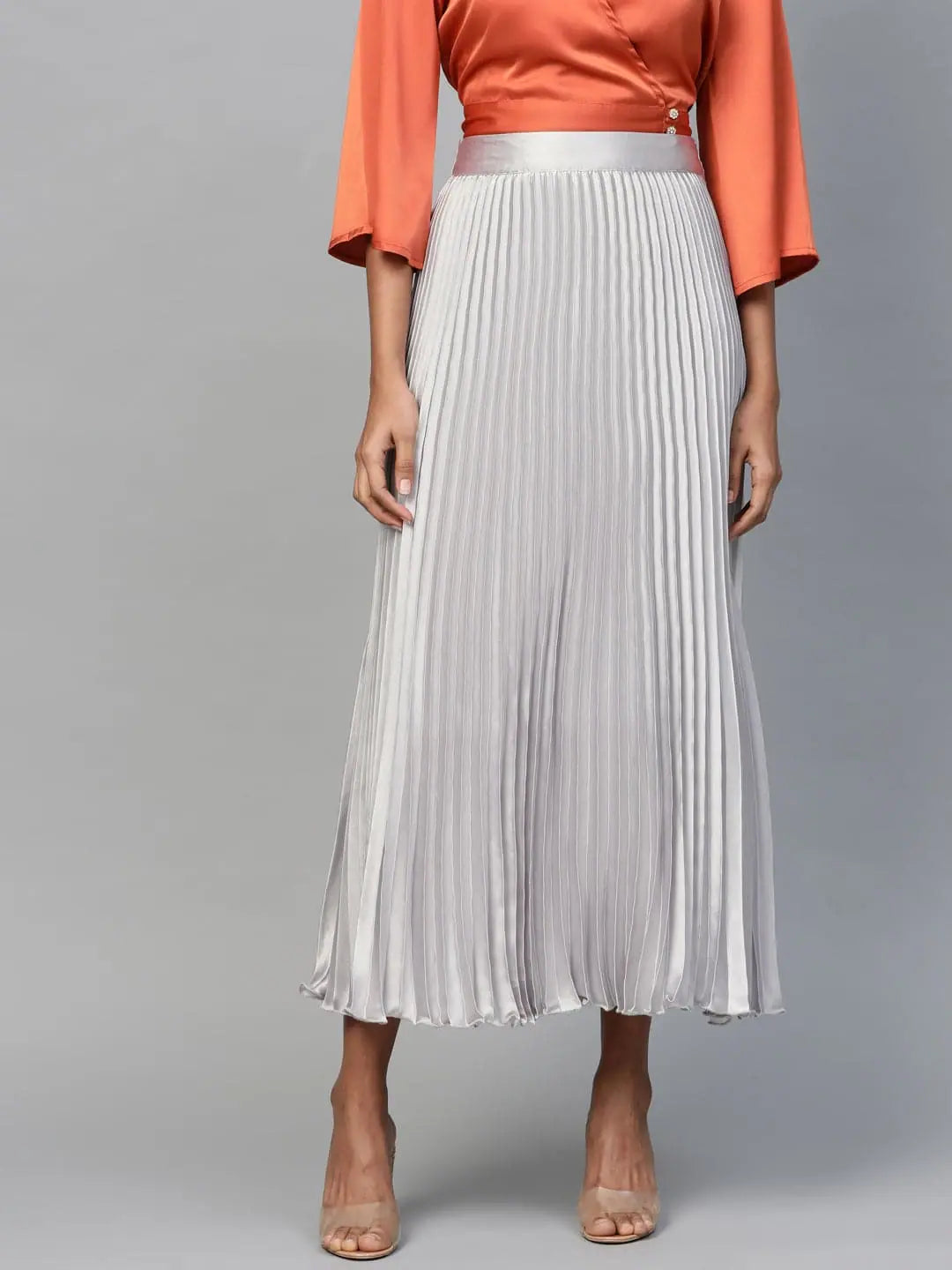 Grey Satin Pleated Maxi Skirt | Designer Lehenga Collection