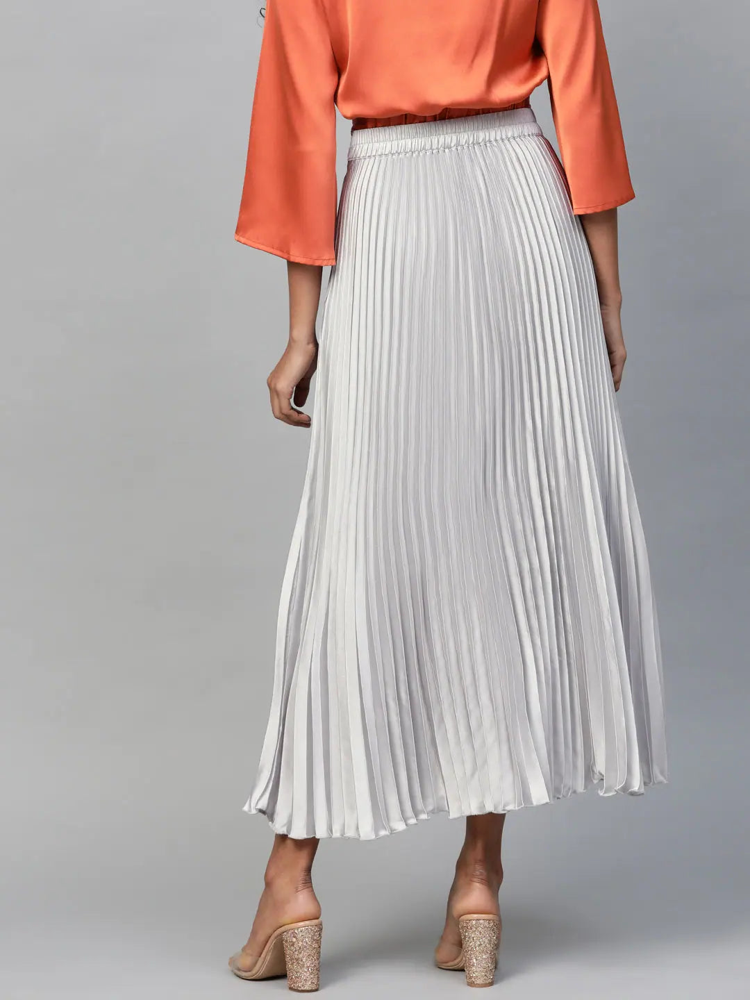 Grey Satin Pleated Maxi Skirt | Designer Lehenga Collection