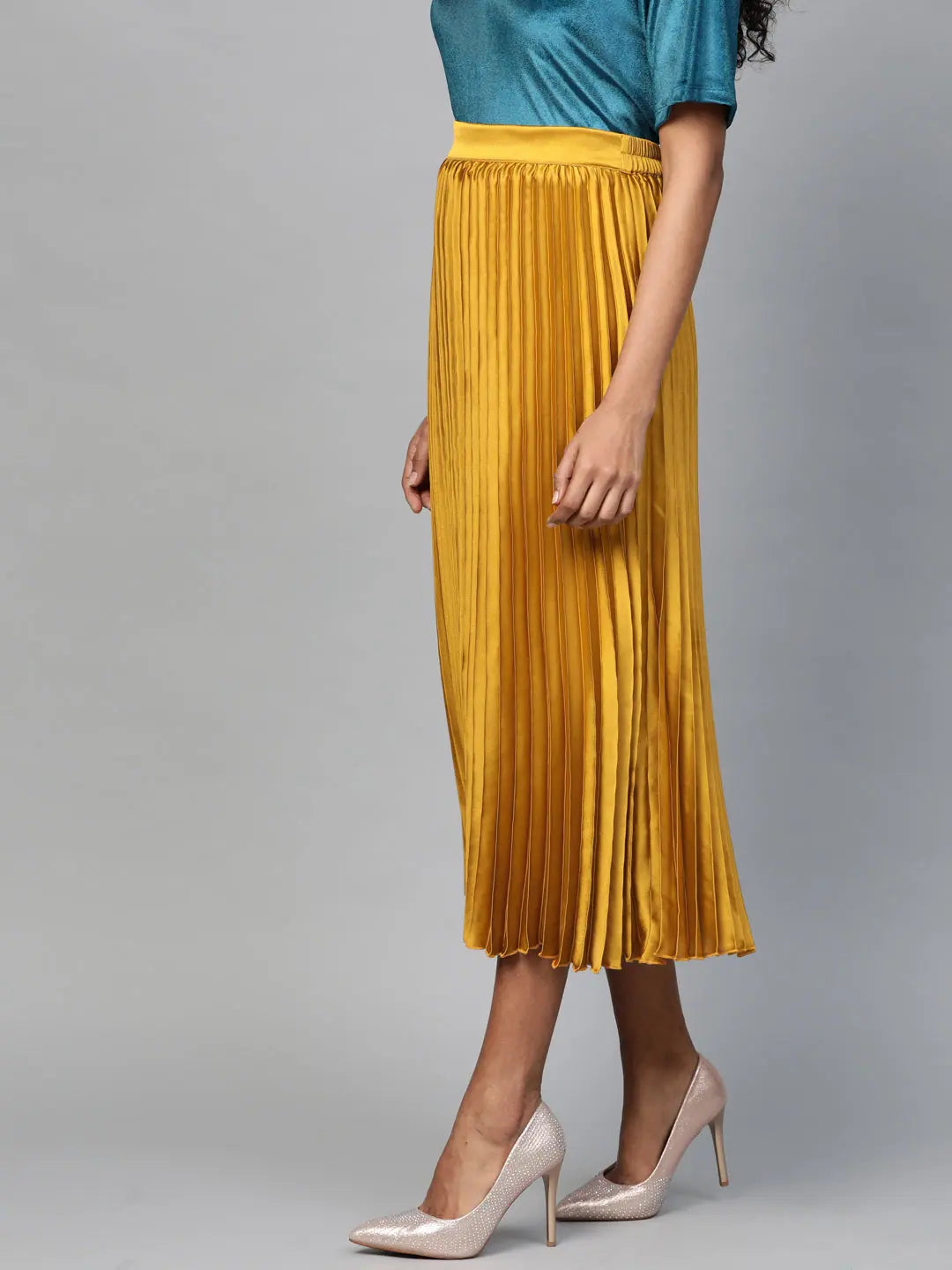 Mustard Pleated Midi Skirt - Women's Western Wear