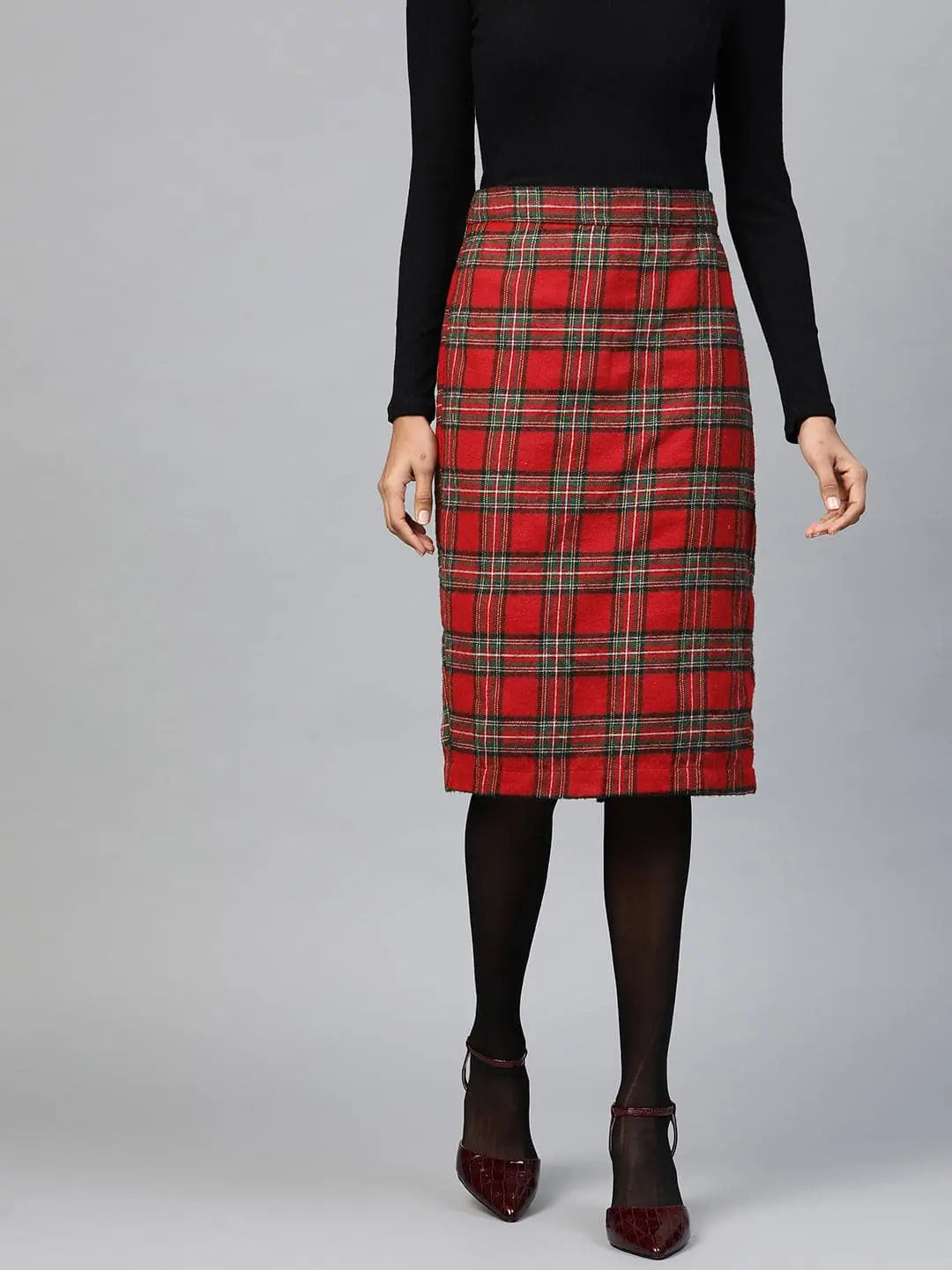 Red Check Pencil Skirt | Party Wear Lehenga Style