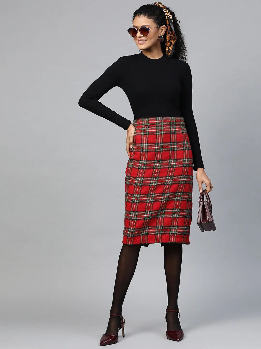 Red Check Pencil Skirt | Party Wear Lehenga Style
