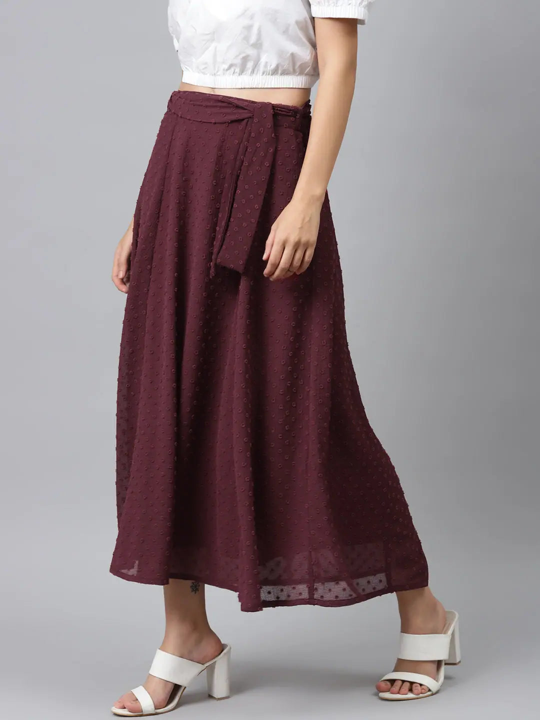 Burgundy Flared Skirt | Women's Dobby Skirt with Belt