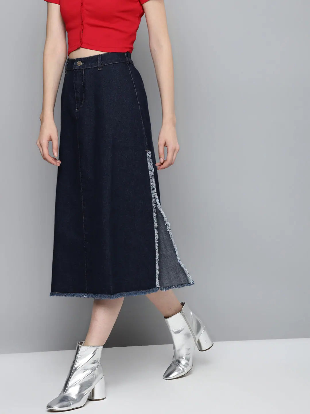 Navy Denim Asymmetrical Skirt - Traditional Indian Lehenga Look