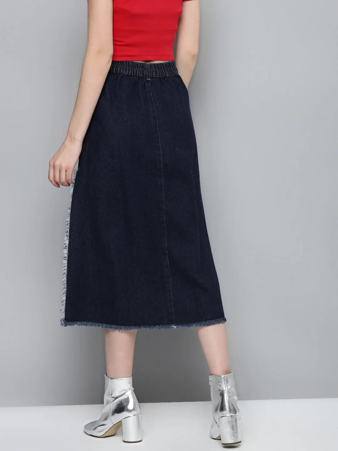 Navy Denim Asymmetrical Skirt - Traditional Indian Lehenga Look