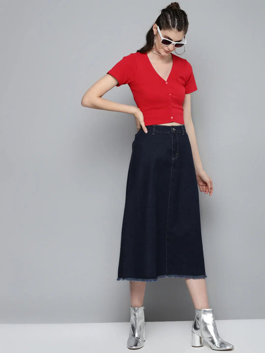 Navy Denim Asymmetrical Skirt - Traditional Indian Lehenga Look