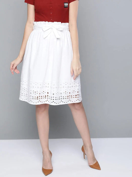 White Schiffli Flared Midi Skirt 1080