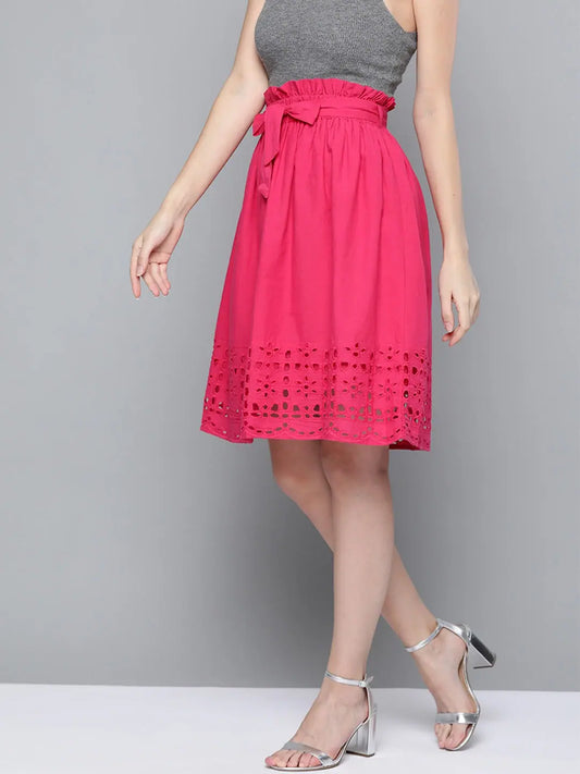 Fuchsia Schiffli Flared Midi Skirt 1080