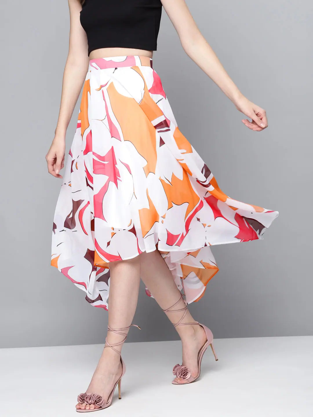 Orange Floral Skirt - Women's Western Clothing Asymmetric Hem