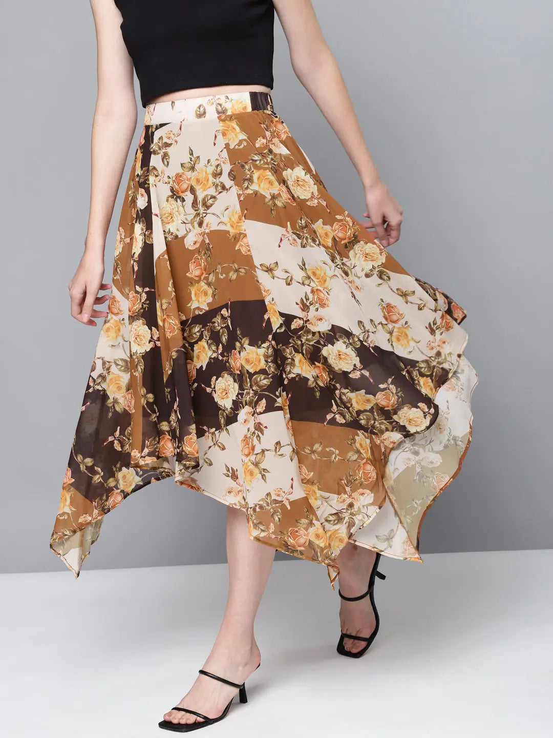 Brown Floral Skirt - Women's Western Wear Asymmetric Midi Skirt