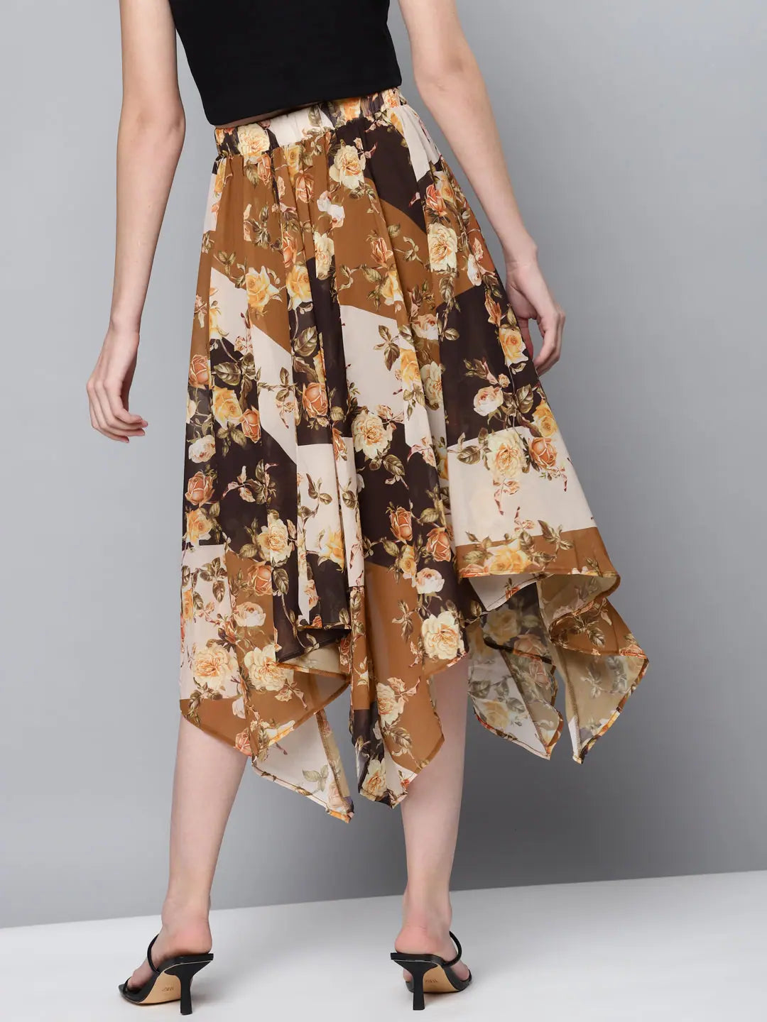 Brown Floral Skirt - Women's Western Wear Asymmetric Midi Skirt