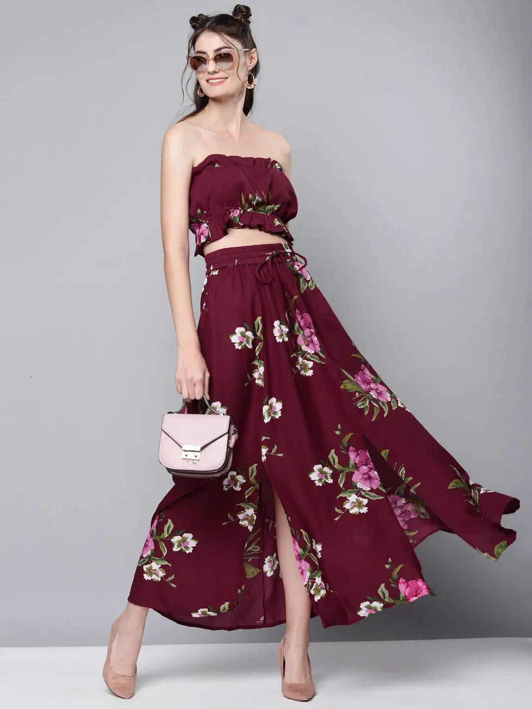 Maroon Floral Maxi Skirt - Women's Western Wear Outfits