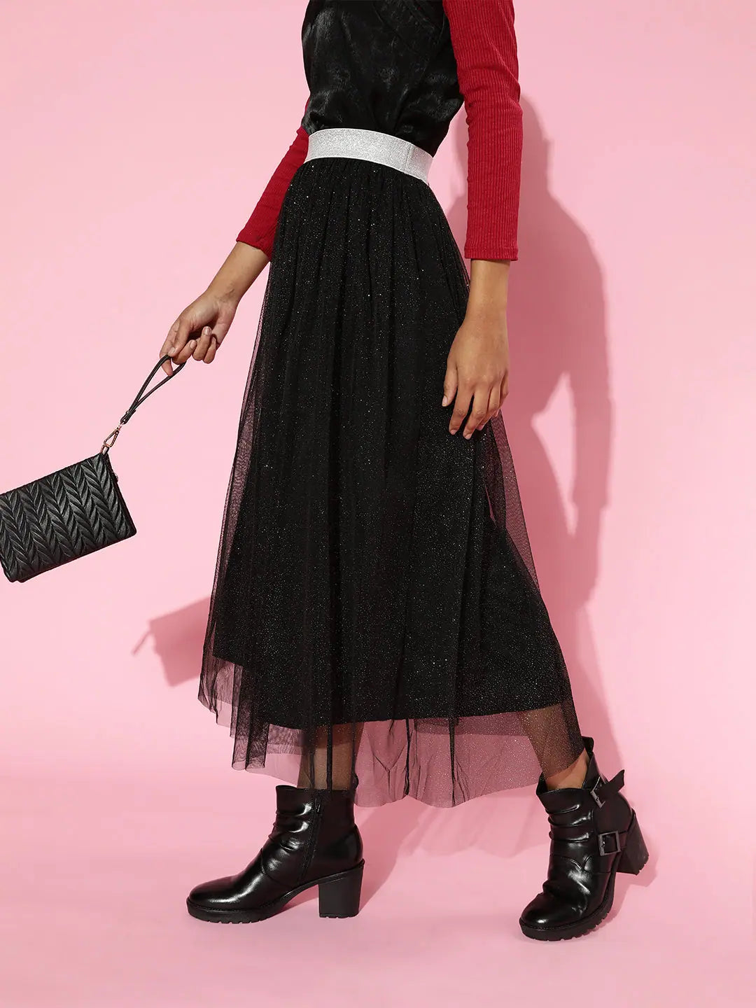 Black Lurex Maxi Skirt | Women's Party Wear Skirt Online