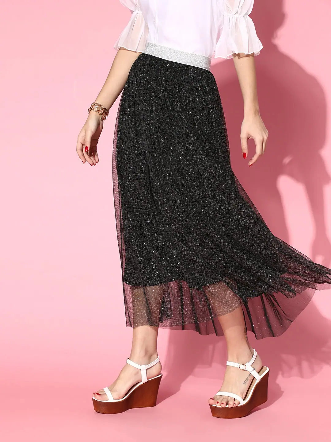 Black Mesh Lurex Maxi Skirt - Women's Western Clothing