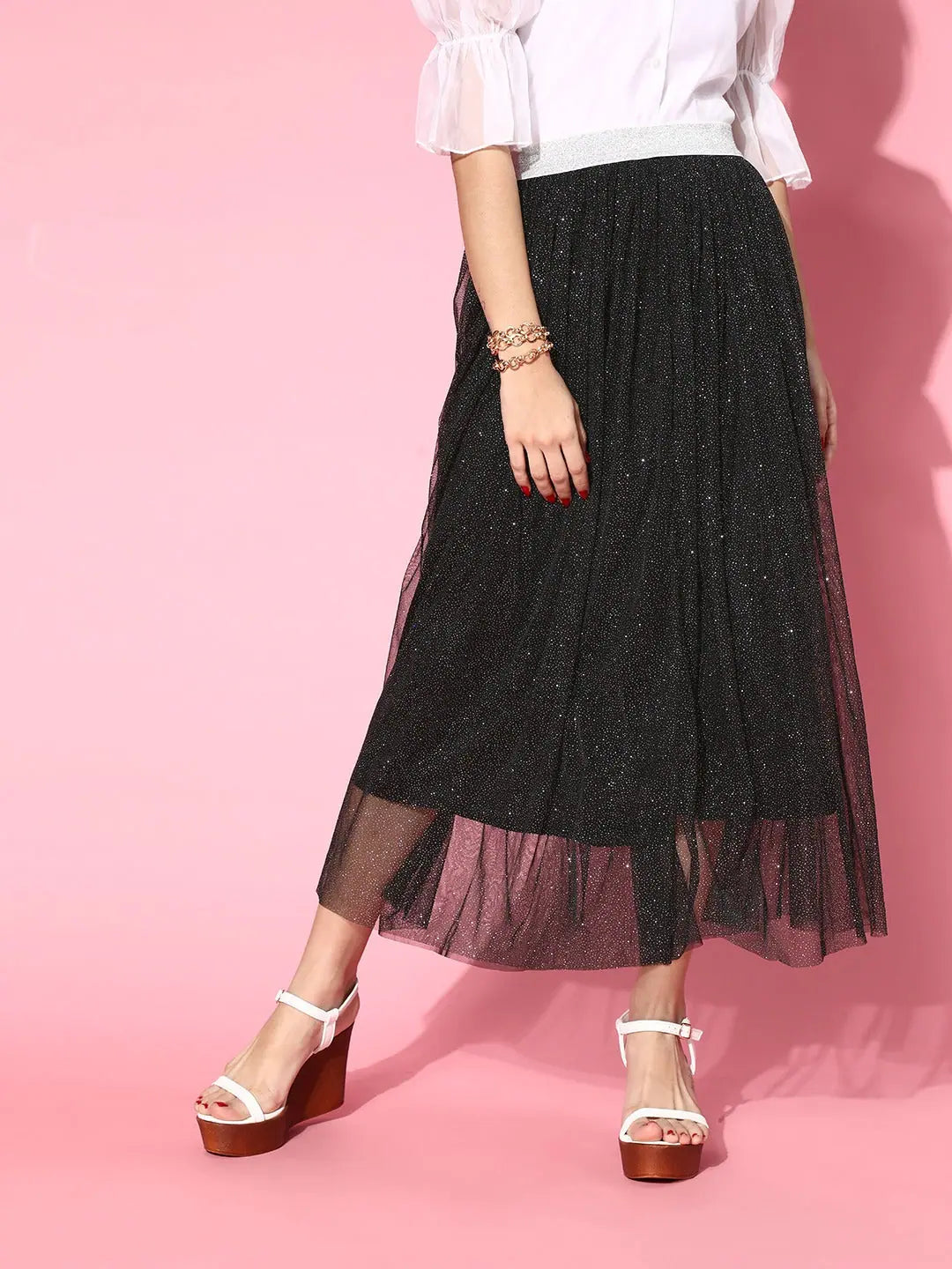Black Mesh Lurex Maxi Skirt - Women's Western Clothing